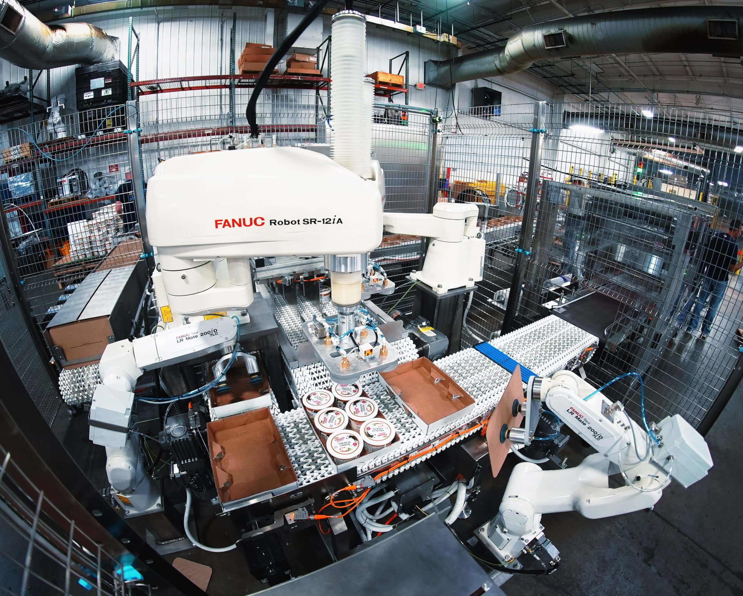 FANUC robotic system performing automated case packing, handling various packaging types with precision in a material handling facility.